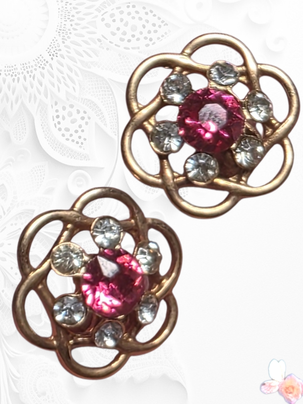 Sparkling Pink Crystal Floral Clip On Earrings Signed Jeray Gold Tone Vintage